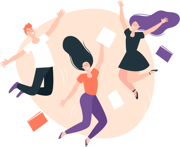 Joyful three people jumping