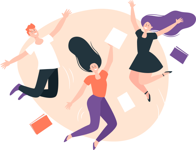 Joyful three people jumping